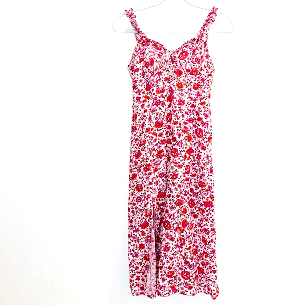Floral print front slit A-lined cotton linen Midi Dress